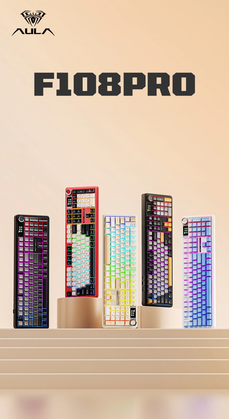 Клавиатуры AULA F108 Pro с RGB-подсветкой на подиуме