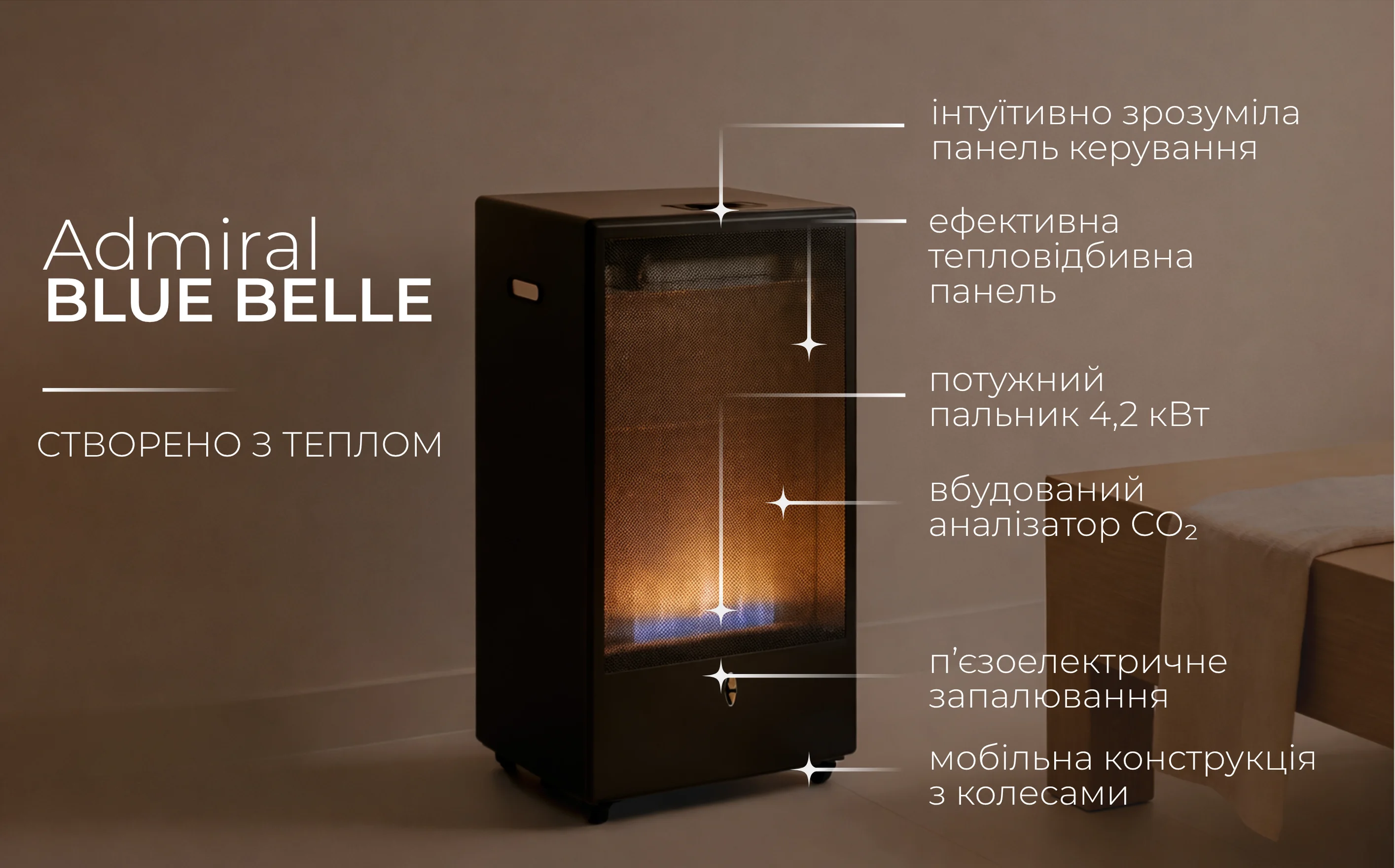 Конструкція та елементи безпеки газового обігрівача з аналізатором CO2 та колесами