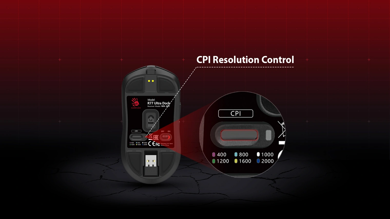 Беспроводная игровая мышь A4Tech Bloody R77 Ultra Dock — переключатель CPI на нижней панели
