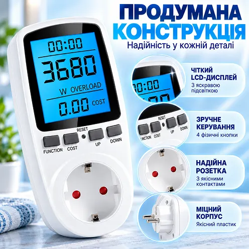 Продумана конструкція корпусу енергометра з розеткою та дисплеєм