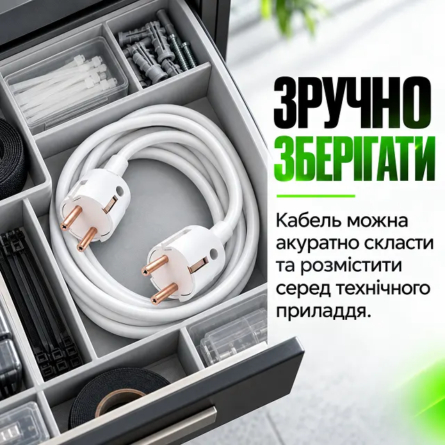 Зручне та компактне зберігання кабелю ПВС серед технічного приладдя