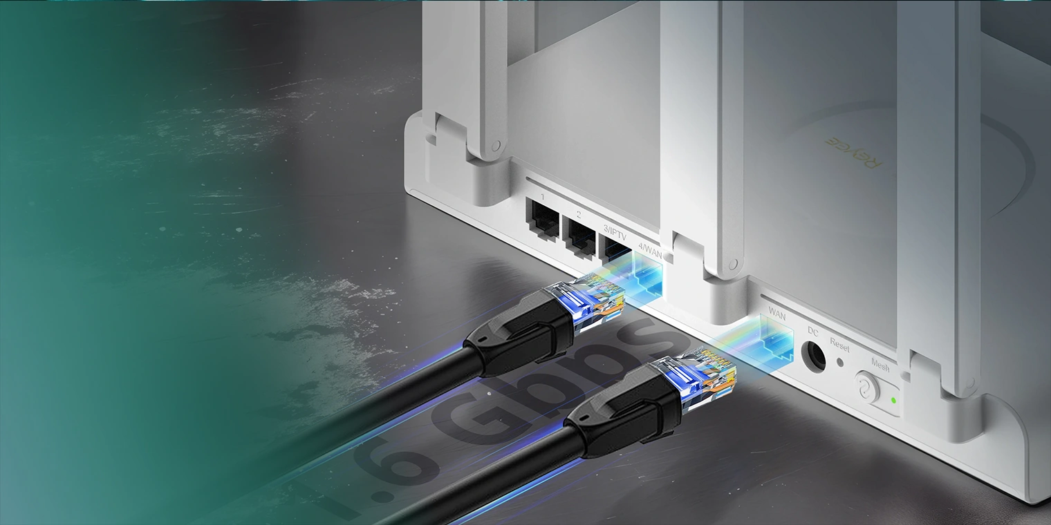 Задняя панель RG-EW3000GX с Ethernet-портами и подключёнными кабелями