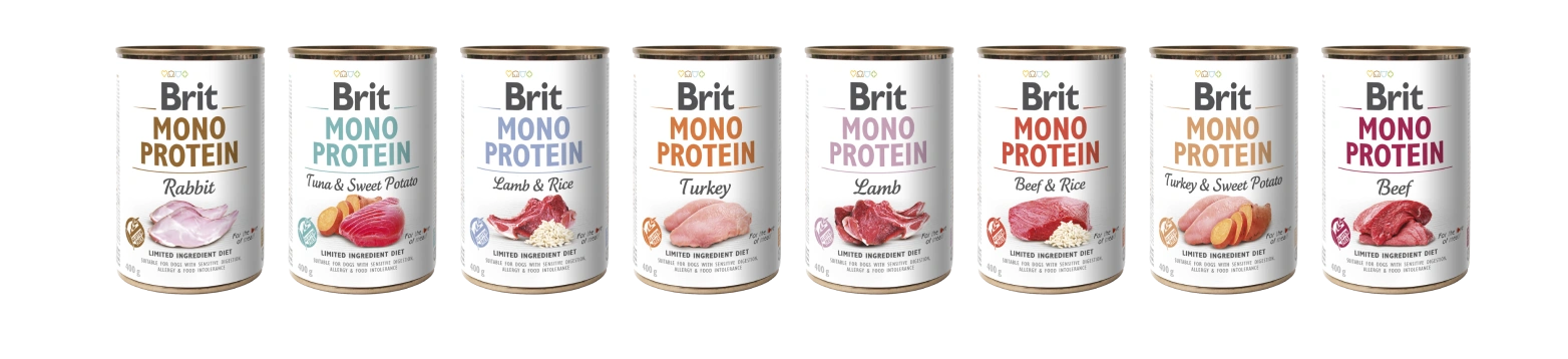 Линейка влажных кормов Brit Mono Protein: кролик, тунец с бататом, ягненок с рисом, индейка, ягненок, говядина с рисом, индейка с бататом, говядина