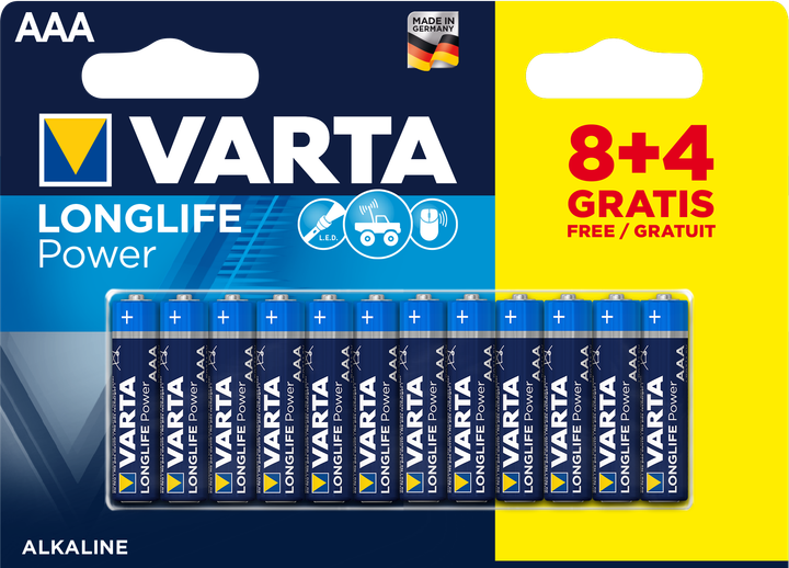 Батарейка Varta Longlife Power AAA BLI 12 (8+4) Alkaline (04903121472) (4008496659203) - Фото 1 Батарейка Varta Longlife Power AAA BLI 12 (8+4) Alkaline (04903121472) (4008496659203) - изображение 1