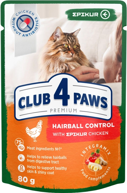 Упаковка влажного корма для взрослых кошек с эффектом выведения шерсти Club 4 Paws (Клуб 4 Лапы) с курицей EPIKUR в соусе 80 г х 12 шт (4820215366007) - изображение 2