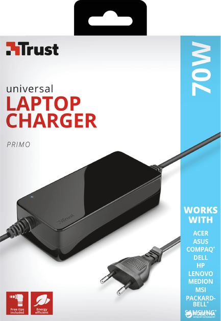 Універсальний блок живлення Trust Primo 70W Laptop Charger (TR22141) - Фото 3 Універсальний блок живлення Trust Primo 70W Laptop Charger (TR22141) - зображення 3