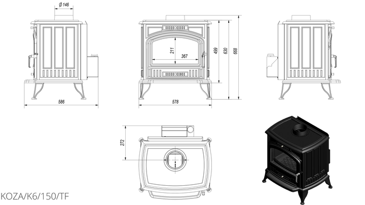 Опалювальна піч Kratki KOZA K6 Ø 150 TURBOFAN - зображення 3