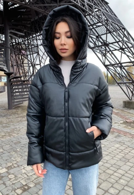 Женская куртка зимняя c капюшоном из эко кожи KML 007 L (46-48) Черный (K 007 B) - изображение 2