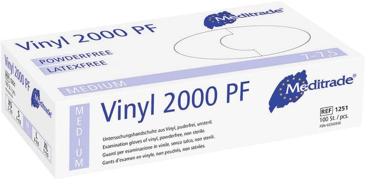 Перчатки для рук Vinyl 2000 PF защитные, без пудры, нестерильные AQL 1,5, р.M, 7-7,5, 100шт (4025341500510) - изображение 1