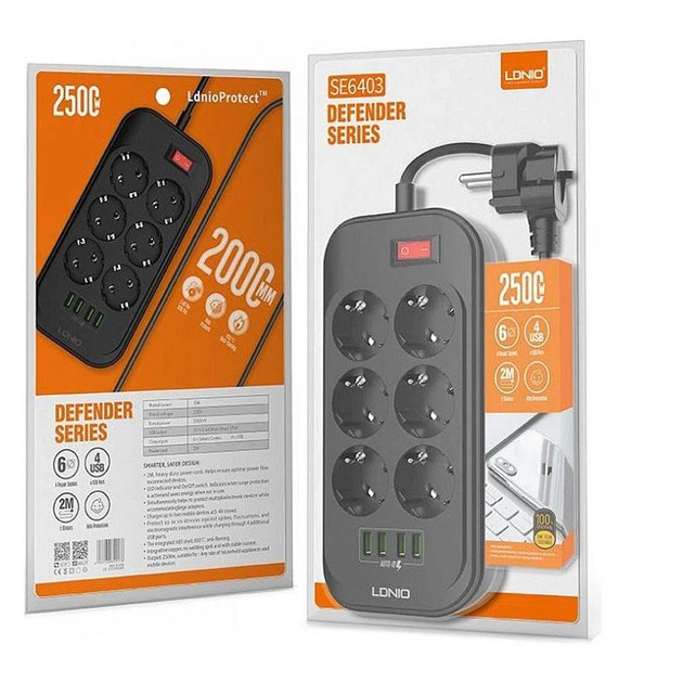 Сетевой удлинитель фильтр Ldnio SE6403, 6 Розетки + 4 USB, 2 м, сечение 3х0,75мм, Black (SE6403) - Фото 7 Сетевой удлинитель фильтр Ldnio SE6403, 6 Розетки + 4 USB, 2 м, сечение 3х0,75мм, Black (SE6403) - изображение 7