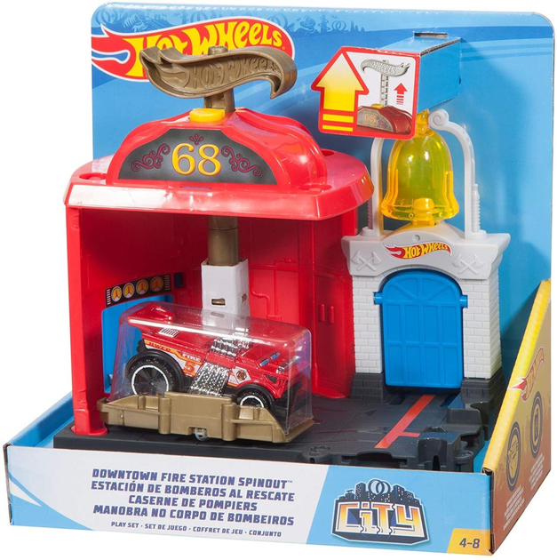 Hot Wheels City Downtown Fire Station Spinout Playset Car FMY96