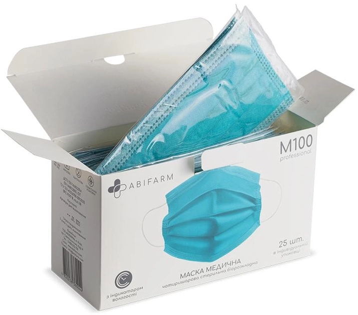 Медицинские маски Abifarm M100 с индикатором влажности, 4-слойные, стерильные, 25 шт (1М1001) (4820238360044) 