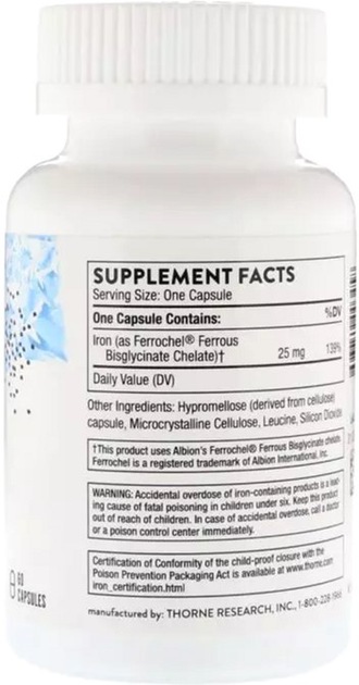 Витамины Thorne Research Железо Биглицинат 25 мг, Iron Bisglycinate, 60 ...
