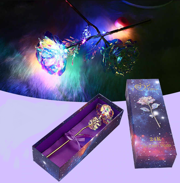 Золотая роза GOLDEN ROSE 24K с LED подсветкой 25см в подарочной