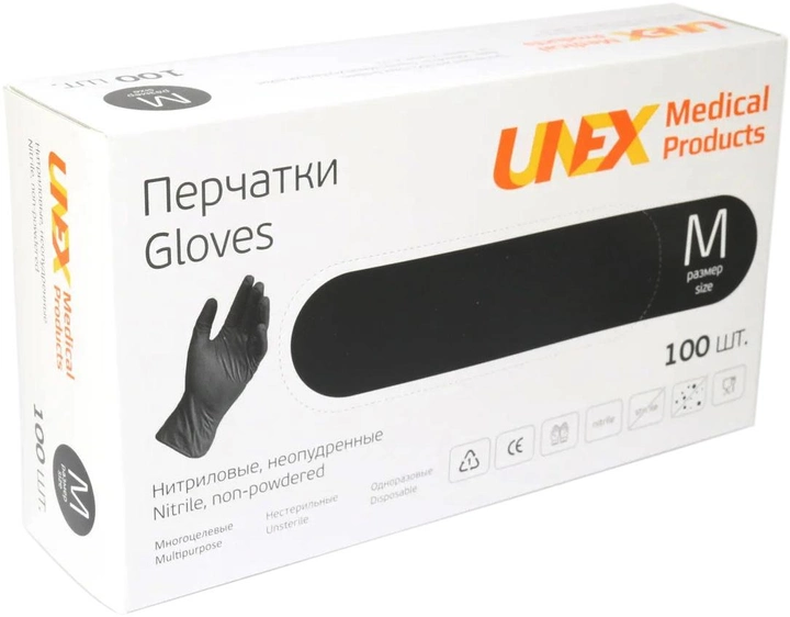 Рукавички нітрилові Unex Medical непудровані розмір М 100 шт - 50 пар Чорні (4.1001) - зображення 1