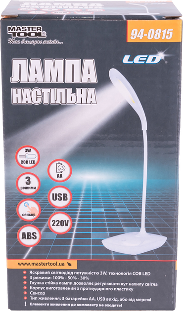 Настольная лампа на батарейках Mastertool 3W 150lm USB 5V 3xAA 4.5V 220V (94-0815) - изображение 5