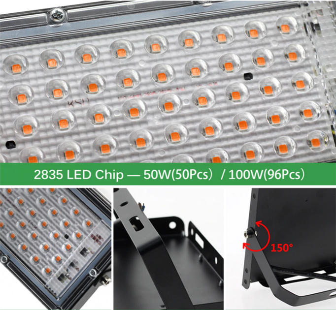 Мощный Фито прожектор полного спектра для растений и рассады 100Вт 96LED 240*125 мм (с проводом и выключателем) - изображение 2