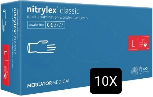 Рукавички Nitrylex classic медичні нестерильні нітрилові без пудри Розмір L 10 упаковок по 100шт (50 пар) Сині - зображення 1