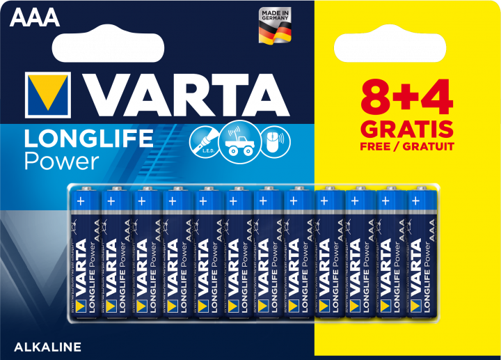 Батарейка Varta Longlife Power AAA BLI 12 (8 + 4) Alkaline - Фото 1 Батарейка Varta Longlife Power AAA BLI 12 (8 + 4) Alkaline - изображение 1