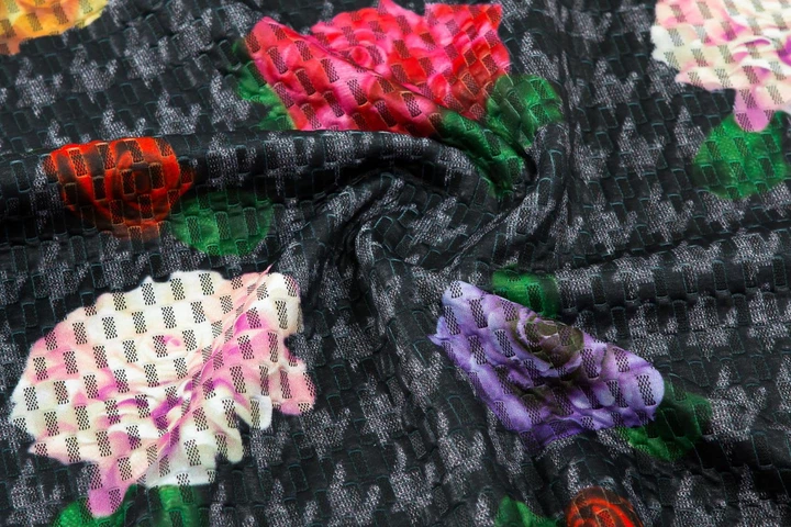 Ткань Жаккард трикотаж "Серена" гусиная лапка цветы синий пог. м. (10672) - изображение 2