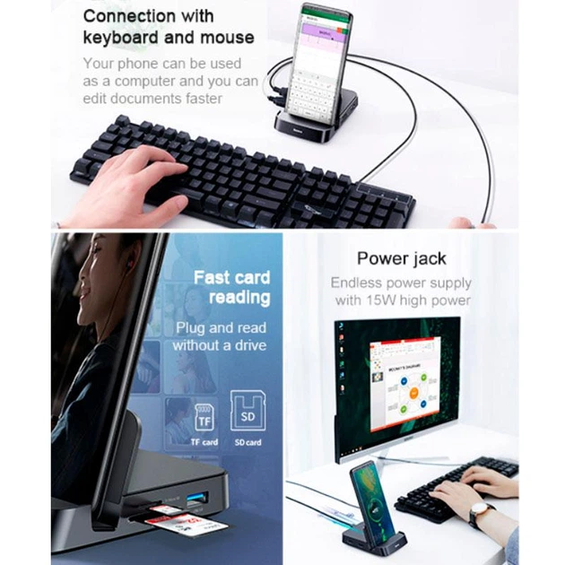 Док-Станція підставка BASEUS Mate Docking Type-C Mobile Phone Intelligent HUB Docking Station для телефону планшета Samsung / Xiaomi / Huawei 7in1 (CAHUB-AT01) - Фото 6 Док-Станція підставка BASEUS Mate Docking Type-C Mobile Phone Intelligent HUB Docking Station для телефону планшета Samsung / Xiaomi / Huawei 7in1 (CAHUB-AT01) - зображення 6