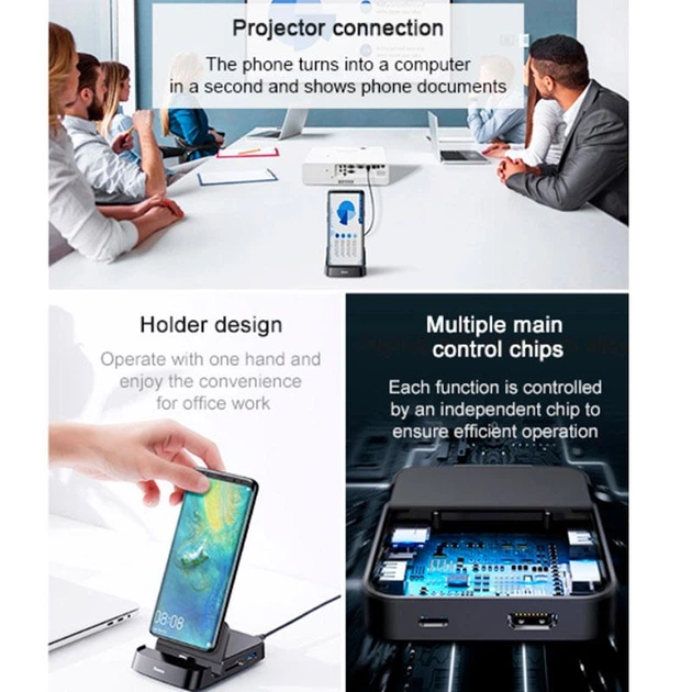 Док-Станція підставка BASEUS Mate Docking Type-C Mobile Phone Intelligent HUB Docking Station для телефону планшета Samsung / Xiaomi / Huawei 7in1 (CAHUB-AT01) - Фото 7 Док-Станція підставка BASEUS Mate Docking Type-C Mobile Phone Intelligent HUB Docking Station для телефону планшета Samsung / Xiaomi / Huawei 7in1 (CAHUB-AT01) - зображення 7