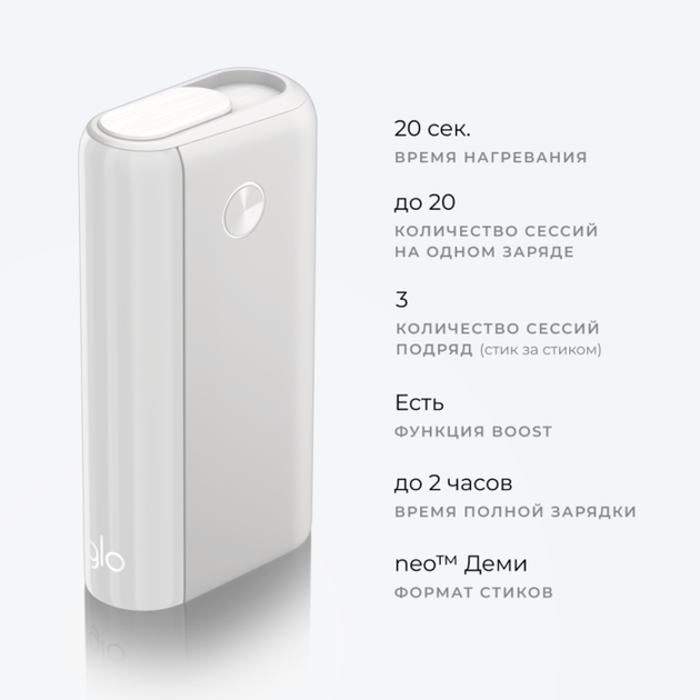 Система нагревания табака Glo Hyper + White (14G402) с блоком питания, ГЛО Хайпер плюс белый, Glo для стиков деми - изображение 4