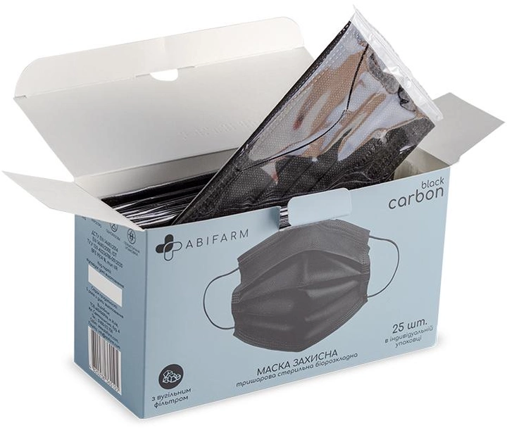 Защитные маски Abifarm Black Carbon с угольным фильтром стерильные 3х слойные 25 шт (4820238360105) 