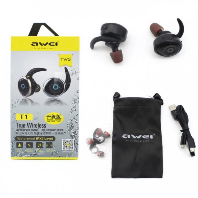 Беспроводные Bluetooth стерео вакуумные спортивные наушники Awei Plus Original с микрофоном Чёрные (T1) - Фото 3 Беспроводные Bluetooth стерео вакуумные спортивные наушники Awei Plus Original с микрофоном Чёрные (T1) - изображение 3