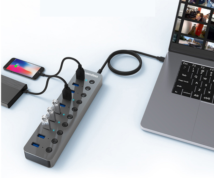 USB хаб Blueendless BS-HU101 USB 3.0 10 портів алюмінієвий з блоком живлення hub концентратор - зображення 9