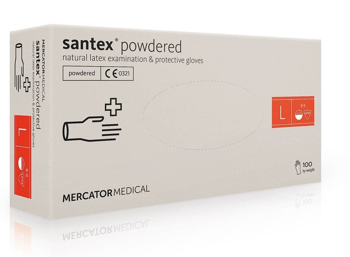 Рукавички латексні (L) Mercator Medical Santex Powdered (17201700) 100 шт 50 пар (10уп/ящ) - зображення 1