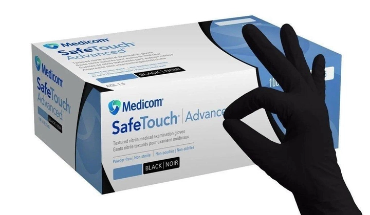 Рукавички чорні без пудри, не стерильні супер якості Medicom Safe Touch Black 100 шт/уп XS - зображення 1