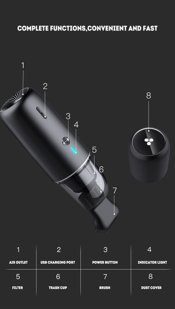 Автомобильный пылесос JZK Handheld Vacuum Cleaner портативный ручной мини авто пылесос с аккумулятором. Чёрный - изображение 12