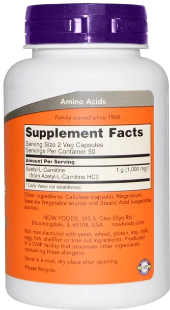 Ацетил-L Карнітин, Acetyl-L Carnitine, Now Foods 500 мг, 100 капсул (733739000767) - зображення 2