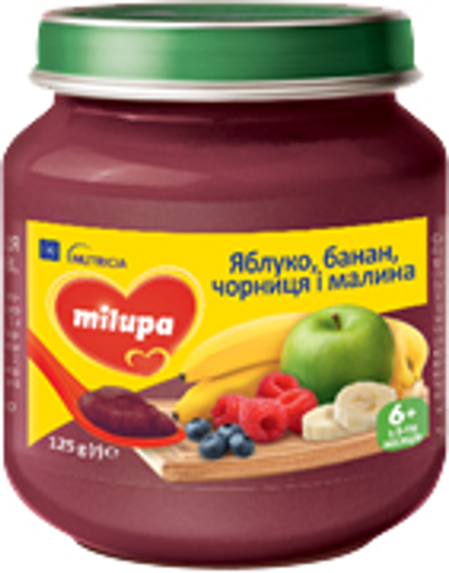 Упаковка фруктового пюре Milupa Яблоко-банан-черника-малина с 4 месяцев 6 шт х 125 г (5900852051579) 
