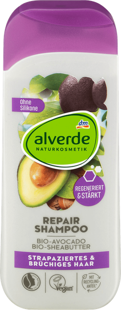 Восстанавливающий шампунь для ломких и поврежденных волос Alverde NATURKOSMETIK Repair & Care Bio-Avocado, 200 ml - Фото 1 Восстанавливающий шампунь для ломких и поврежденных волос Alverde NATURKOSMETIK Repair & Care Bio-Avocado, 200 ml - изображение 1