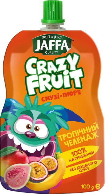 Упаковка смузі Jaffa Crazy Fruit Фруктовий десерт Смузі-пюре з перетертих манго, бананів, гуаяви з маракуєю тропічний челендж 100 г х 16 шт. (4820192262033_4820192262002) - зображення 2