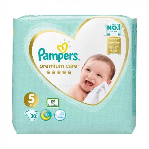 Підгузники Pampers Premium Care 5 (11-16 кг) 30 шт - Фото 1 Підгузники Pampers Premium Care 5 (11-16 кг) 30 шт - зображення 1