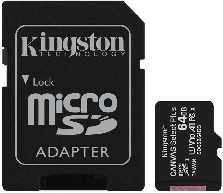 Kingston microSDXC 64GB Canvas Select Plus Class 10 UHS-I U1 V10 A1 + SD-адаптер (SDCS2/64GB) - изображение 1