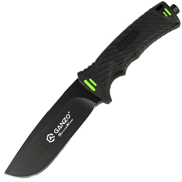 Нож Ganzo G8012 (длина: 240мм, лезвие: 115мм) + чехол (стропорез + точилка + огниво), черный - изображение 1