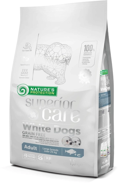 Сухой беззерновой корм для взрослых собак больших пород с белой шерстью, с белой рыбой Nature's Protection Superior Care White Dogs Grain Free White Fish Adult Large Breeds 1.5 кг (NPSC46338) (4771317463388) 