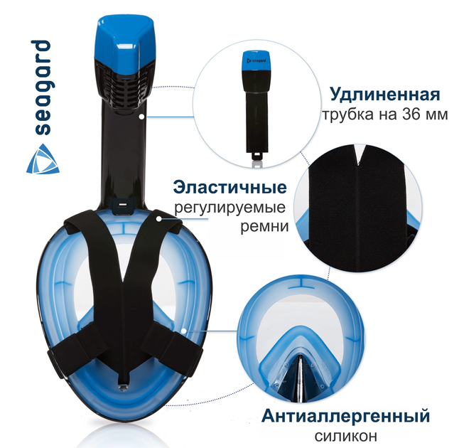 Маска для плавания Seagard Easybreath-II L/XL полнолицевая с креплением для камеры Черный с синим - изображение 3