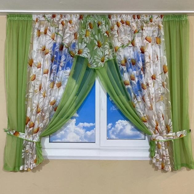 Занавеска на кухню со шторками TG Home №445 салатовая с ромашкой - Фото 1 Занавеска на кухню со шторками TG Home №445 салатовая с ромашкой - изображение 1