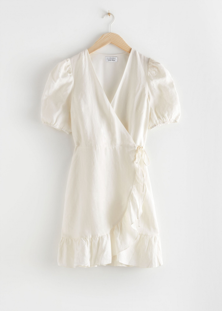 Puff sleeve linen 2025 wrap mini dress