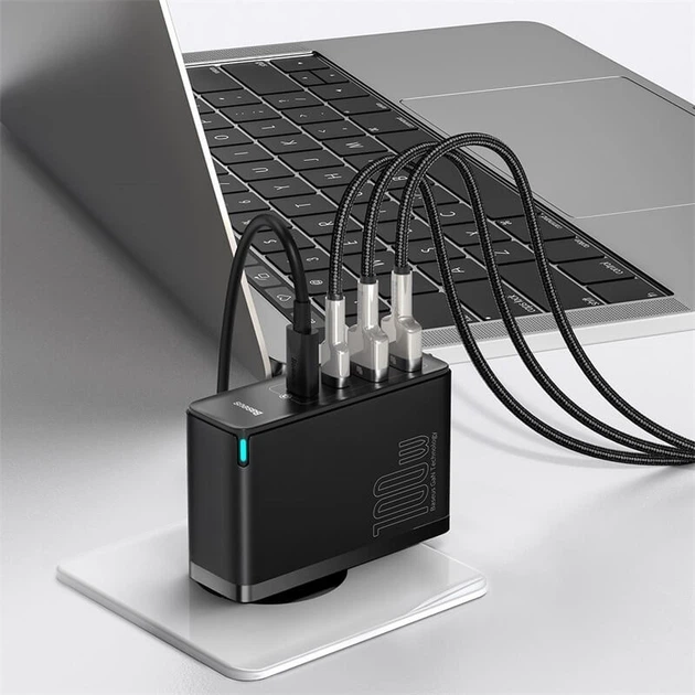 Блок питания Baseus 100W GaN2 Pro Quick Charger |2xUSB/2xType-C, QC/PD, 5A| + кабель USB-C 100W для MacBook/Huawei/Samsung/Asus/Google/Lenovo black - изображение 2