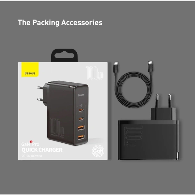 Блок питания Baseus 100W GaN2 Pro Quick Charger |2xUSB/2xType-C, QC/PD, 5A| + кабель USB-C 100W для MacBook/Huawei/Samsung/Asus/Google/Lenovo black - изображение 3