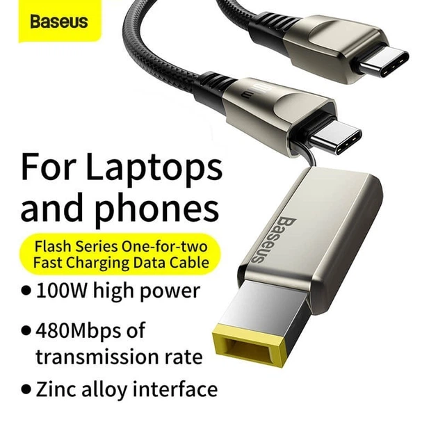 Кабель Baseus Combo Type-C to Type-C+DC Flash Series One-for-two Fast Charging Square Head 2m, 100W, 5A - Фото 3 Кабель Baseus Combo Type-C to Type-C+DC Flash Series One-for-two Fast Charging Square Head 2m, 100W, 5A - изображение 3