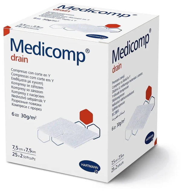 Салфетки из нетканого материала с надрезом Medicomp drain 7,5см x 7,5см 2шт х 25 - изображение 1