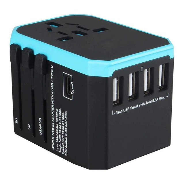 Мережевий дорожній універсальний адаптер Masslinna 4 USB + Type-C Black/Blue (NA1) - Фото 2 Мережевий дорожній універсальний адаптер Masslinna 4 USB + Type-C Black/Blue (NA1) - зображення 2