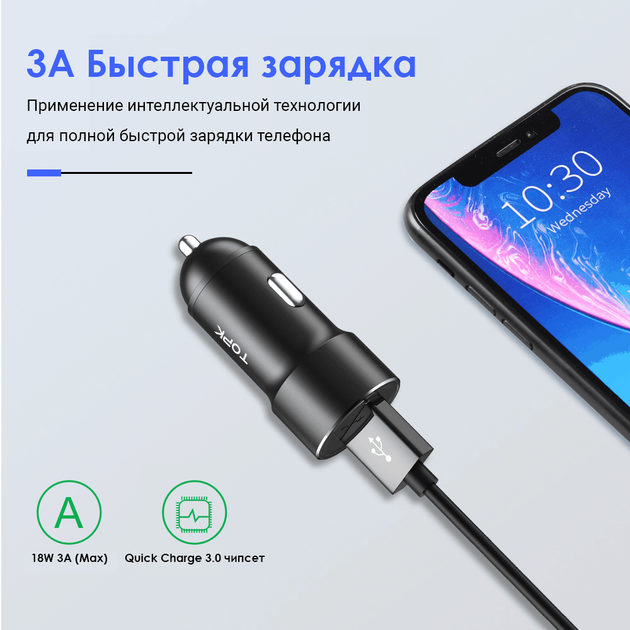 Автомобильное зарядное устройство TOPK G102Q QC 3.0 18W 1xUSB - Фото 2 Автомобильное зарядное устройство TOPK G102Q QC 3.0 18W 1xUSB - изображение 2